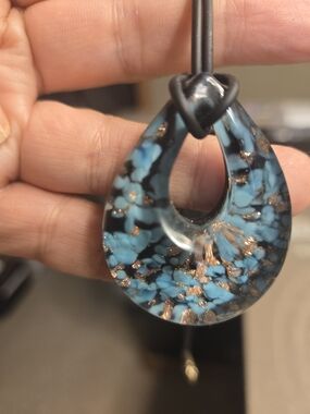 Murano Handmade Teardrop Resin Pendant Necklace in Turquoise and Gold